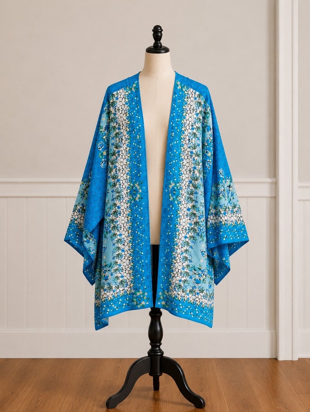 Max Studio Bright Blue Floral-Trim Open Kimono